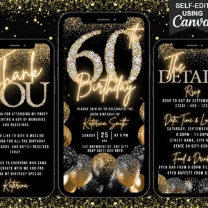 Digital 60th Birthday Invitation, 60 Invite, Black Gold Silver Balloon Diamond Party Invite Black Tie, Editable Itinerary & Thank You eCard