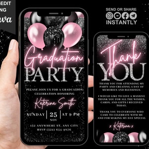 Digitale Einladung zur Abschlussfeier, animierte Womens Blush Pink College Grad Party Textnachricht einladen, selbst bearbeitbares Canva Danke eCard