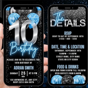 Digitale Einladung zum 10. Geburtstag für Jungen, Einladung zum 10. Geburtstag für Mädchen, animierte Evite Neon Blue 10 Jahre alt, bearbeitbare Reiseplan-eCard