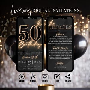 50th Birthday Party Invitation, Digital Black Gold Dinner Invite For Men, Black Tie Video Evite For Him, Self Editable DIY Itinerary eCard
