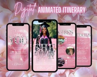 Könnte beinhalten: Vier digitale animierte Einladungen zu einer Abschlussfeier mit einem rosafarbenen Blumenhintergrund. Die erste Einladung lautet "Danke" mit einem silbernen Glitzerdesign. Die zweite Einladung lautet "Sie hat es geschafft" mit einem silbernen Glitzerdesign und einem Foto einer Frau in einer Kappe und Robe. Die dritte Einladung lautet "Die Stimmung" mit einem silbernen Glitzerdesign und einem Foto einer Partyszene. Die vierte Einladung lautet "Die Details" mit einem silbernen Glitzerdesign und enthält Datum, Uhrzeit und Ort der Party.