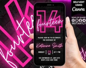 Digital 14th Birthday Invitation, Animated Pink Neon Fourteenth Invite, Video Teen Party Evite For Girls, Self Editable Template Ecard