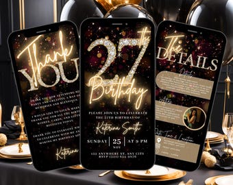 Invitación digital para el 27.º cumpleaños, invitación a una cena sorpresa para el 27.º cumpleaños, video de Evite con diamantes dorados para mujeres, tarjeta electrónica con itinerario personalizable.