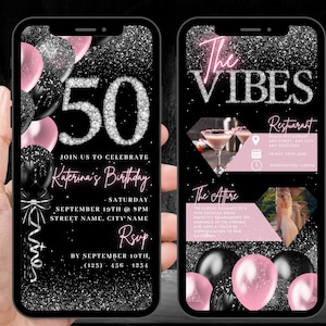 Digital 50th Birthday Invitation, Animated 50 th Blush Pink Girls Invite For Her, Cute Womens Diamond Evite, Self Editable Itinerary eCard