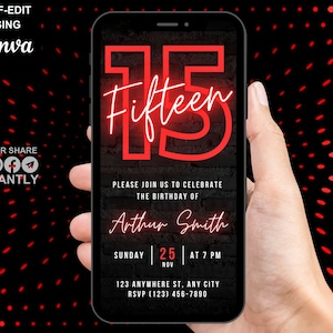 Digital 15th Birthday Party Red Neon Invitation, Electronic Phone Text Message Evite, Editable Animated Template Invite For Teen Boys Girls