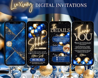 Digital Surprise Birthday Party Invitation, Envelope Surprise Invite, Elegant Blue Gold Modern Evite For Women, Self Editable Template eCard