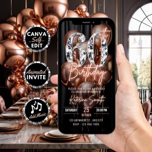 Digital 60th Birthday Invitation, Animated Sixty Dinner Party Invite For Women, Rose Gold Diamond Brunch Evite, Editable Template eCard