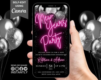 Digital New Years Eve Party Invitation Template, Animated NYE Party Invite, Black Pink Invite, Celebration Mobile Evite, Editable eCard