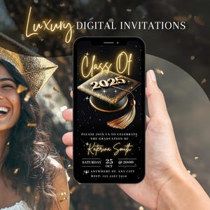 Digital Graduation Class of 2025 Invitation, Gold 25 Graduate Invite, Womens Grad Evite, College Send Off, Editable Itinerary Template eCard