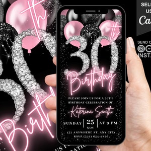Convite digital para aniversário de 30 anos, convite com 30 balões de diamante rosa blush para meninas, convite animado feminino, modelo de cartão eletrônico autoeditável