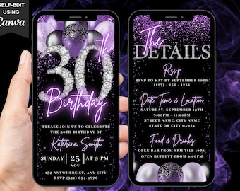 Digitale 30e verjaardagsuitnodiging, video 30 zwart paars zilver nodigen uit voor vrouwen, ballon Diamond Thirty Evite Her, bewerkbare reisroute e-card