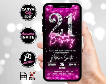 Digital 21st Birthday Invitation, Animated Hot Pink Womens Invite, Diamond Dinner Party Evite For Her, Self Editable Canva Template eCard