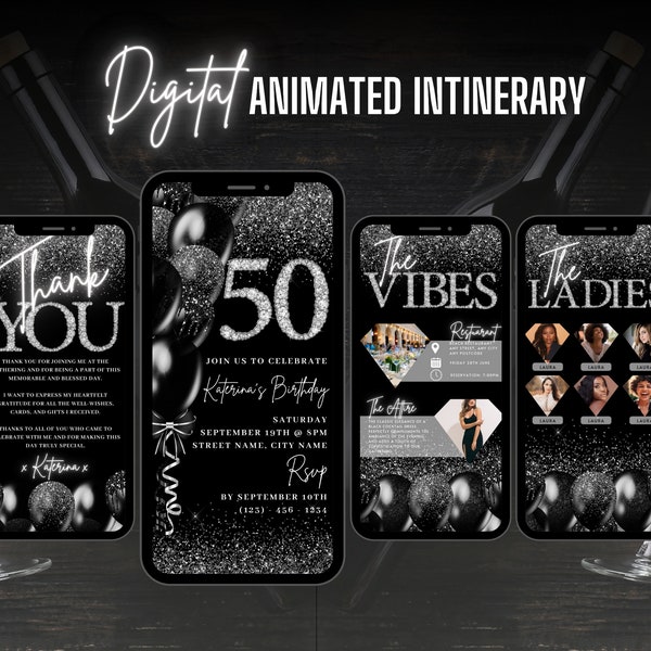 Digital 50th Birthday Invitation, Animated 50th Dinner Invite, Brunch Black Silver Diamond Evite, Editable Vibes Itinerary & Thank You eCard