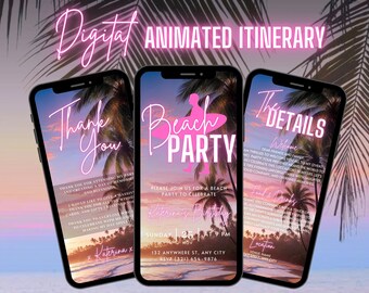 Digital Beach Party Invitation, Animated Bonfire Invite, Pink Surf Summer Dinner BBQ Evite For Women, Self Editable Itinerary Template eCard