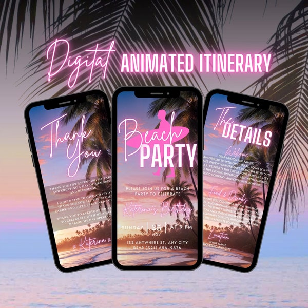 Digital Beach Party Invitation, Animated Bonfire Invite, Pink Surf Summer Dinner BBQ Evite For Women, Self Editable Itinerary Template eCard