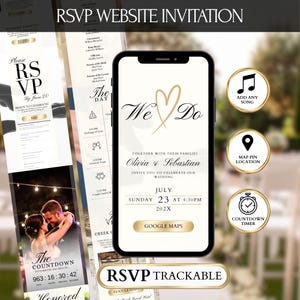 Op de afbeelding: Een smartphone toont een huwelijksuitnodiging met de tekst "We Do" en de namen Olivia & Sebastian. De uitnodiging bevat een countdown timer, een kaartlocatie en de optie om een nummer toe te voegen. De bruiloft is op 23 juli.