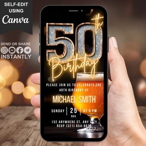 Digital 50th Birthday Invitation For Men, Beer Dinner Invite For Him, Rustic BBQ Fifty Party Invite For Man, Self Editable Template Ecard