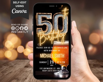Invitación digital de cumpleaños número 50 para hombres, invitación a cena con cerveza para él, invitación a fiesta rústica de barbacoa para hombres, tarjeta electrónica con plantilla editable.