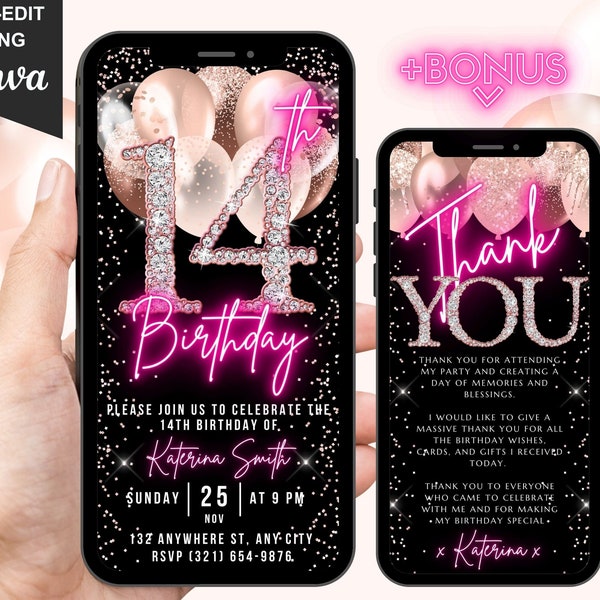 Digital 14th Birthday Invitation, Animated 14th Party Invite, Cute Rose Gold Diamonds Neon Pink Font, Text Evite, Editable Thank You eCard