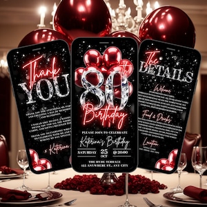Digital 80th Birthday Invitation, Animated Red Eighty Diamond Dinner Party Invite, Brunch Evite For Women, Self Editable Itinerary eCard