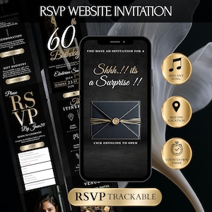 May include: A digital RSVP website invitation template for a 60th birthday surprise party. The design features a black and gold color scheme with an interactive envelope graphic, RSVP form, itinerary, and icons for music, location, and a countdown timer.