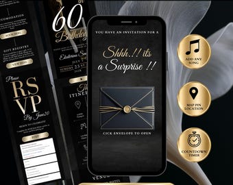 Invitation surprise pour un 60e anniversaire avec RSVP, enveloppe électronique noire de luxe, modèle de site web doré élégant, invitation avec suivi des invités