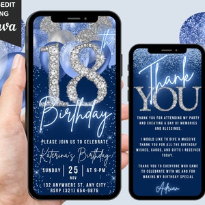 Digital 18th Birthday Invitation, Animated 18th Blue Silver Teens Invite, Balloon Diamond Winter Wonderland Evite, Editable Thank You eCard