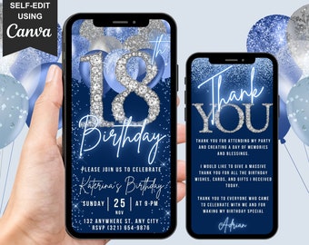 Faire-part numérique 18e anniversaire, invitation animée bleu argent pour ados 18e, Evite ballon diamant Winter Wonderland, carte virtuelle modifiable de remerciement