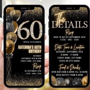 Digital 60th Birthday Party Invitation, 60th Glam Ecard, Black Gold Silver Diamond Video Invite For Black Tie Gala, Self Editable Itinerary