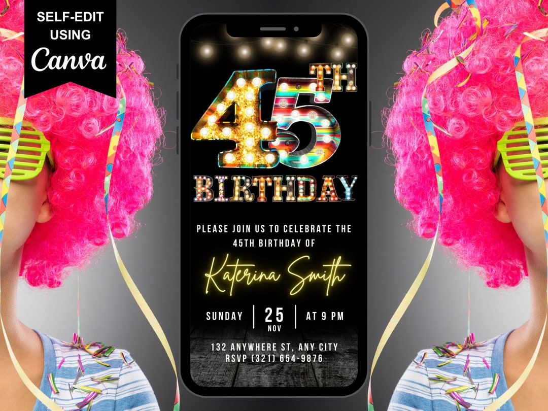 45th Birthday Digital Invitation, Electronic Birthday Party Invite ...