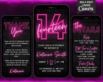 Digital 14th Birthday Party Pink Neon Invitation, Video Phone Message Evite, Editable 14th Invite Teen Girls, Itinerary & Thank You eCard