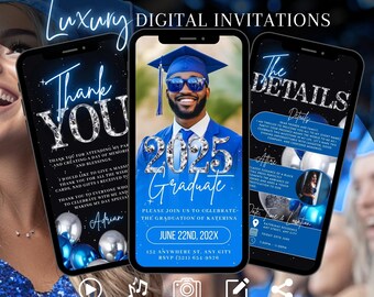 Puede incluir: Una invitación digital para una fiesta de graduación. La invitación presenta un fondo azul y plateado con una foto de un graduado que lleva una gorra y una toga. El texto "2025 Graduate" se muestra en letras grandes y brillantes. La invitación incluye el nombre del graduado, la fecha de la graduación y la ubicación de la fiesta.