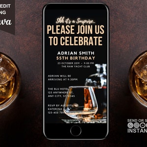 Digital Surprise 55th Birthday Invitation, Animated Whiskey Themed Invite For Men, Dinner Party Evite For Man, Self Editable Canva Ecard