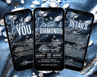 Digital Denim & Diamonds Flyer Invitation, Animated Birthday Dinner Party Invite, Cowgirl Denim Event Evite, Self Edit DIY Itinerary eCard