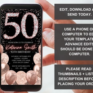 50th Birthday Digital Invitation, Electronic 50th Birthday Party Invite, Rose Gold Diamonds, Instant Download Text Evite, Editable Template