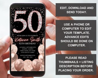 Invitación digital para el 50.° cumpleaños, invitación electrónica para la fiesta del 50.° cumpleaños, diamantes de oro rosa, texto de descarga instantánea Evite, plantilla editable