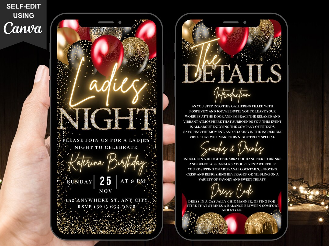 Digital Ladies Night Out Invitation, Animated Red Gold Black Birthday ...