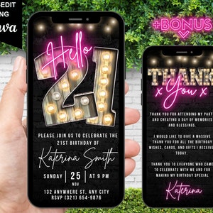 Digitale Hallo Twenty First 21. Geburtstagseinladung, elektronische virtuelle 21st Partyeinladung, Marquee Pink Neon, bearbeitbare Danke eCard
