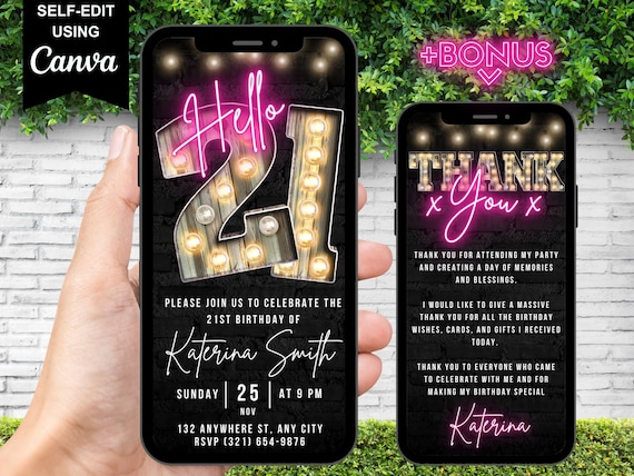 Digital Hello Twenty First 21st Birthday Invitation, Electronic Virtual 21st Party Invite, Marquee Pink Neon, Editable Thank You eCard