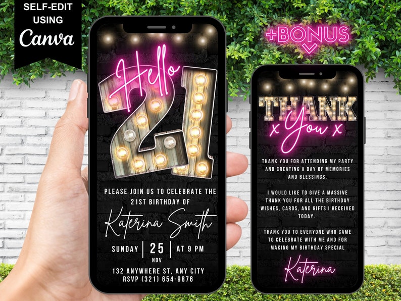 Digital Hello Twenty First 21st Birthday Invitation, Electronic Virtual 21st Party Invite, Marquee Pink Neon, Editable Thank You eCard image 1