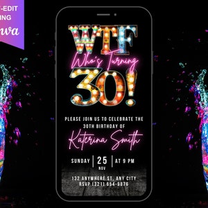Digital WTF 30 Birthday Invitation, Animated Backyard BBQ Thirty Invite, Marquee Pride Pink Evite For Him or Her, Editable Template eCard