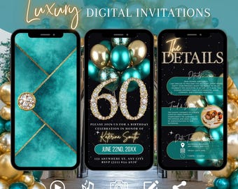 Faire-part numérique pour 60e anniversaire, enveloppe d'invitation animée sarcelle d'or et diamants, invitation à un dîner Aqua pour femme, modèle de carte électronique à éditer soi-même
