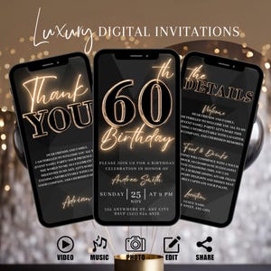 Digital 60th Birthday Party Invitation, Animated Black Gold Dinner Invite For Women, Brunch Evite For Her, Editable Itinerary Template eCard