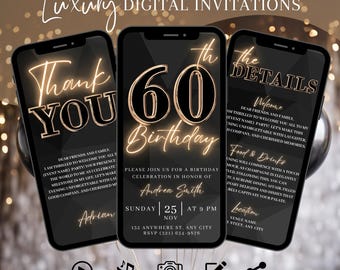 Digitale Einladung zur Geburtstagsfeier, animierte Einladung zum 60. Geburtstag für Frauen, Brunch-Einladung für Sie, bearbeitbare Reiseplanvorlage eCard