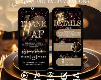 Digital Friendsgiving Dinner Invitation, Animated Thankful AF Fall Turkey Party Invite, Thanksgiving 2024 Evite, Self Edit Itinerary Ecard