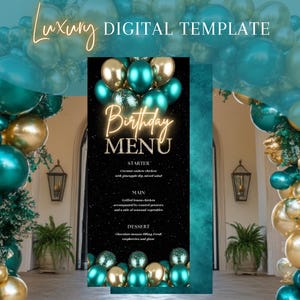 Editable Birthday Digital Menu, Teal and Gold Canva Template, Dinner Table Decor, Customizable Event Menu for Milestone Celebrations