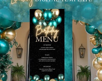 Editable Birthday Digital Menu, Teal and Gold Canva Template, Dinner Table Decor, Customizable Event Menu for Milestone Celebrations