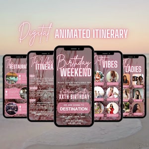 Peut inclure: Un itinéraire animé numérique pour un week-end d'anniversaire. L'itinéraire comprend une liste d'activités pour le vendredi, le samedi et le dimanche. L'itinéraire comprend également une liste de tenues pour le voyage. Le texte sur l'itinéraire dit "Week-end d'anniversaire", "Rejoignez-nous pour un voyage entre filles organisé par Katerina Smith's XXTH Birthday", "Nous allons à Destination", "20-25 juillet 2024", "RSVP Text Katerina 040-857-5758", "Ambiance des tenues", "Les filles", "Vêtements de détente", "Tenue blanche", "Aura", "Simone", "Pyjama rose", "Atya", "Sophia", "Tenue florale", "Robe rouge", "L'itinéraire des ambiances", "Le restaurant", "Vendredi", "18h00 Arrivée et installation", "17h00 Boissons de bienvenue chic", "19h00 Dîner à l'hôtel", "21h00 Soirée pyjama chez Kat", "Samedi", "11h00 Départ pour le brunch", "12h00 Yoga à la piscine", "17h00 Rassemblement chez Kat", "21h00 Chaussures de danse obligatoires", "Dimanche", "10h00 Brunch et bulles à", "12h00 Plus de boissons à la piscine", "14h00 Temps libre - découverte", "18h00 Départ - navette de ramassage", "Le coût du voyage est de 135 € par personne. Cela comprend tous les repas et les boissons. Nous nous retrouverons au Palace et Gavin's à 18h00 le vendredi pour commencer notre voyage."