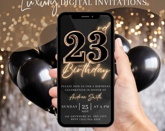 Faire-part de fête numérique pour le 23e anniversaire, invitation à dîner animée en or noir pour femme, invitation vidéo pour elle, modèle de carte électronique DIY modifiable