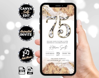 Invitación digital para 75 cumpleaños, invitación animada con diamantes glamurosos, dorados, blancos y plateados, para ella, tarjeta electrónica de lujo con plantilla personalizada y autoeditable.